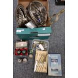 Box of mostly metalware to include: fire tongs, Picquot ware milk jug, boxed set of cutlery,
