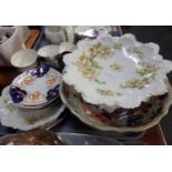 Tray of china: Gaudy Welsh cups etc, two scallop edged Austrian plates with a matching tazza