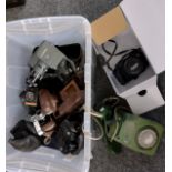 Box of cameras, camera equipment and other items, to include: Canon EOS 650, Voigtlander Vitoret