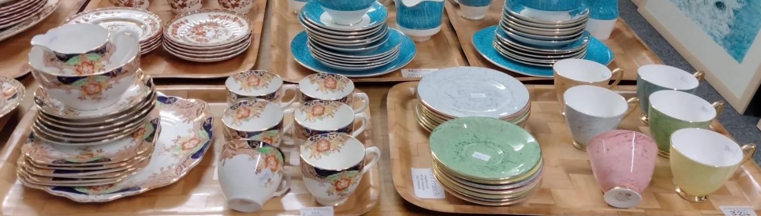 Two trays of china; one tray of Bell china floral teaware; teacups and saucers, plates, milk jug,