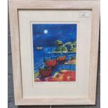 After Dorian Spencer Davies, artists limited edition proof, 'Llangrannog - boats and moon'. Signed