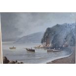 D Long, fishing cobles in a quiet cove, signed. Oils on canvas. 51x74cm approx. Framed. (B.P.