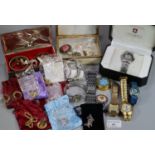 box of assorted costume jewellery, cigarette boxes, modern Zurich sports watch, other watches