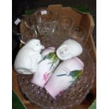 Small box of glassware and ceramics: pair of Elvira budgerigar vases, two white ceramic hedgehogs,