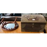 Small wooden and metal bounded dome shaped trunk/casket together with a small oval mirror flanked by