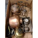 Box of metalware to include: copper spirit kettle on stand with repousse decoration, weights,