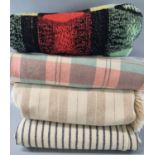 Box containing four vintage blankets; one woollen check and two woollen narrow loom antique striped;