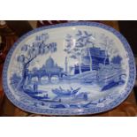 Large 19th century Spode meat plate with gravy well, 'Tiber' pattern, and a large Cauldon ware basin