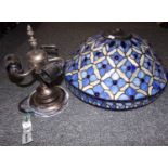 Metal lamp base with arrangement for three light bulbs and very large blue and cream Tiffany style