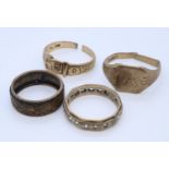 Four 9ct gold rings, various. 11.2g approx. (two cut) (4) (B.P. 21% + VAT)