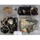 Box of assorted costume jewellery: brooches bangles, necklaces, watches etc. (B.P. 21% + VAT)