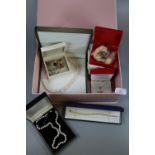 Collection of boxed costume jewellery items, silver bracelet, 9ct gold crucifix on chain, modern