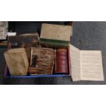 Box of antiquarian books to include: large half Moroccan bound Webster's Dictionary 1880,