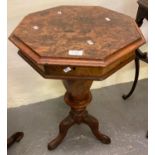 Victorian walnut octagonal work box on carved tri-form base. (B.P. 21% + VAT)