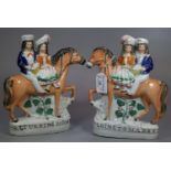 Pair of Staffordshire flatback figures of a couple riding a horse: 'Going to Market' and '