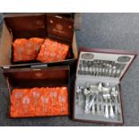 Box containing various cased cutlery including: wooden cased Viners forty four piece canteen set (