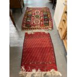 Small middle eastern design red ground runner together with a probably Turkish Esme style Kilim