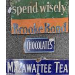 A group of single sided enamel advertising signs: 'Spend Wisely Brooke Bond' (aluminium), '