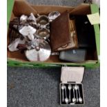 Box of silver and silver plate to include: various cased and loose plated cutlery, set of six Art