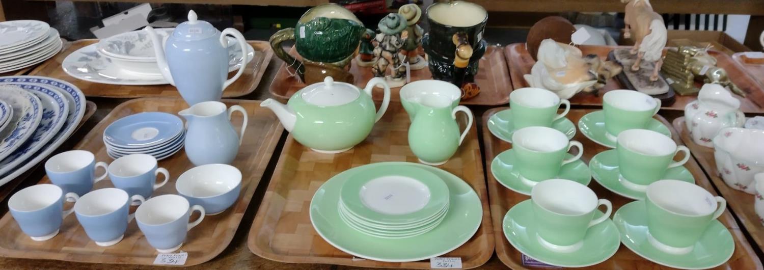 Three trays of Wedgwood English bone china: teaware is pale green and cream, to include: teapot