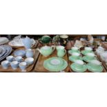 Three trays of Wedgwood English bone china: teaware is pale green and cream, to include: teapot