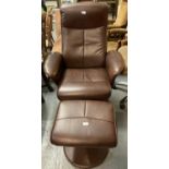 Modern leather swivel armchair with matching stool. (B.P. 21% + VAT)