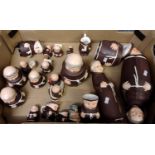 Box of mostly Hummel W Goebel monk figures: jugs, pots with lids, salt and pepper, wine pitchers