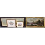 Collection of assorted furnishing prints, a photograph and an old oil painting possibly showing
