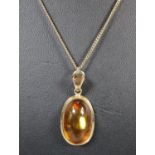 9ct gold amber pendant on gold chain. 3.6g approx. (B.P. 21% + VAT)