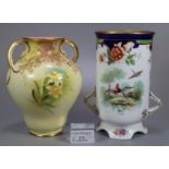 Royal Doulton bone china 1057 two handled cylinder vase decorated with floral designs of vignettes