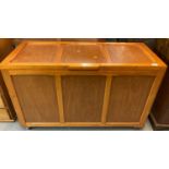 Modern teak and pine blanket box with moulded and fielded panels. 120cm long approx. (B.P. 21% +