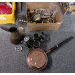 Box of metalware to include: copper bedpan with wooden handle, large copper ewer, fireside items,