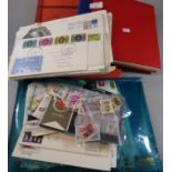 All world stamp collection in three albums, plastic folder of stamps in packets plus box of