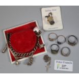 Assorted items of silver and other costume jewellery, various including: charm bracelet, rings