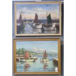 E Brohm, fishing boats in a small harbour, signed, oils on canvas together with another similar