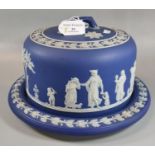 Wedgwood blue Jasperware Stilton Bell and stand with relief figural and oak leaf decoration.