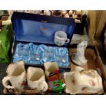 Box of china and other items to include: Regency porcelain figure of a lady, moustache cup, floral