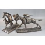 Bronzed composition study of a racehorse with jockey up, together with another similar bronzed