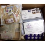 Box with all world collection of stamps in various albums and packets plus Channel Islands First Day