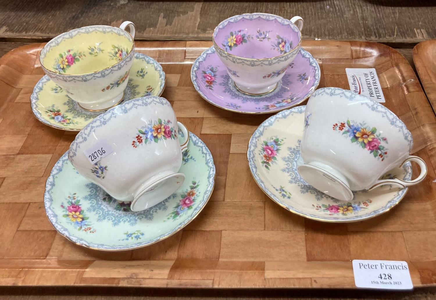 Four Shelley 'Crochet' fine bone china cabinet cups and saucers. (B.P. 21% + VAT)