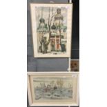 Two Russian school watercolours, one featuring an Orthodox church in winter indistinctly signed