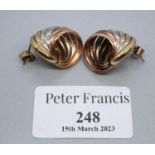 A pair of 9ct three colour gold earrings. Approx weight 5.4 grams. (B.P. 21% + VAT)