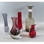 Collection of coloured glass, to include: ruby vase, ruby jug, smokey glass mallet shaped vase
