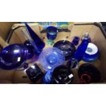Tray of assorted blue glass: locally made Moira White hand painted glass goblet, Royales De