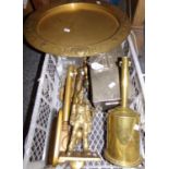 Box of assorted metalware: oval Art Nouveau brass tray, brass clockwork roasting meat jack, brass