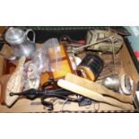 Box of assorted items: miniature wooden dresser with set of miniature china and metalware for