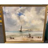 Continental school (20th century) sea scape with sailing vessels and distant cliffs, oils on canvas.