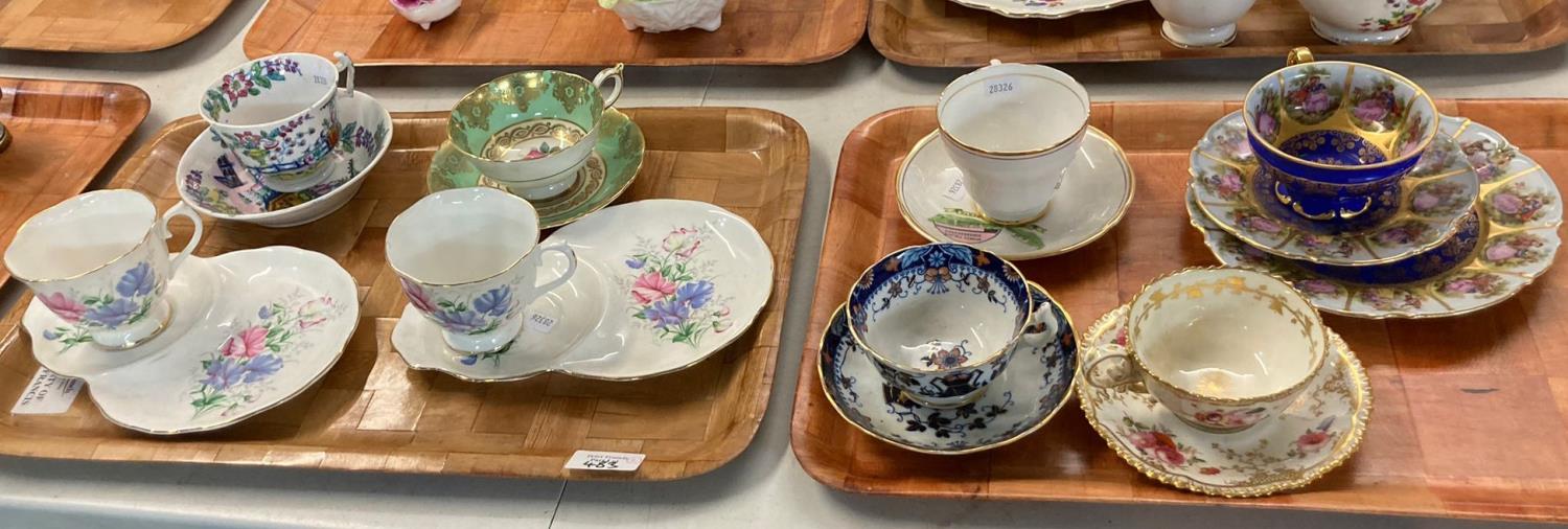 Two trays of teaware, to include: gilt blue and figural decorated trio marked 'Altwein G.K Decor