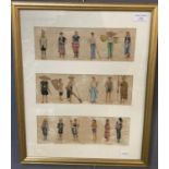 Unusual group of three panels framed as one depicting various figures in regional/tribal costumes,