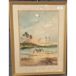 Ethel Duwcane, desert scene with pyramids and Arabs with camels, signed, watercolours. 43x29cm